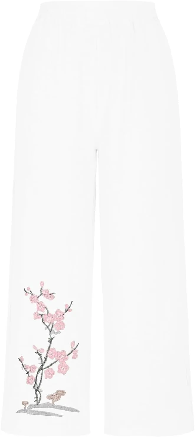 HGps8w Women's Summer Retro Embroidered Cotton Linen Palazzo Pants Wide Leg Elastic High Waisted Loose Lounge Trousers