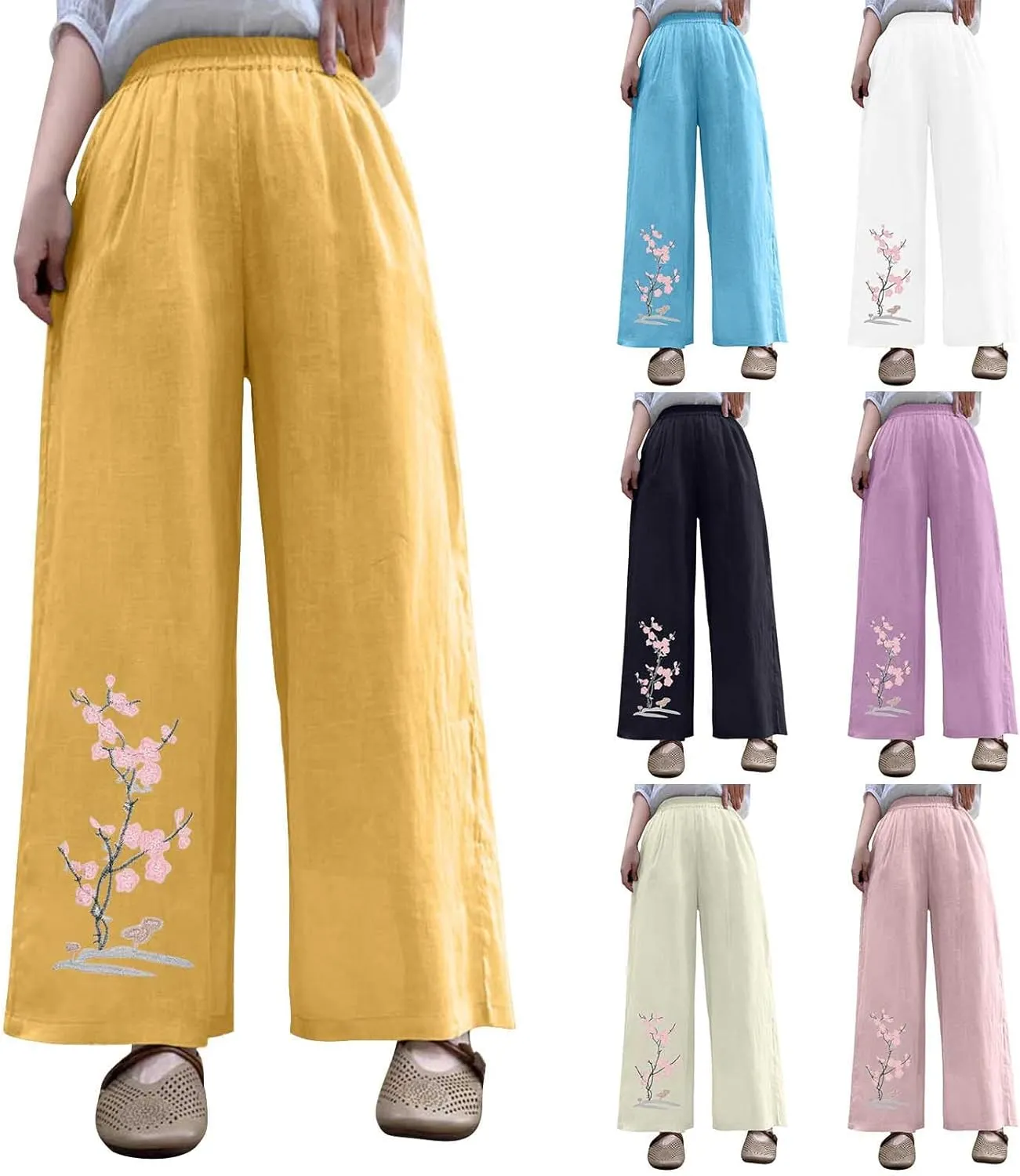 HGps8w Women's Summer Retro Embroidered Cotton Linen Palazzo Pants Wide Leg Elastic High Waisted Loose Lounge Trousers
