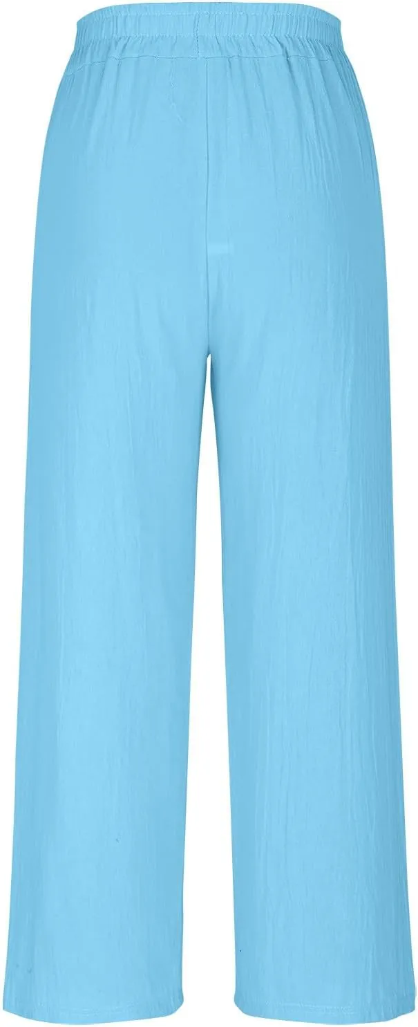 HGps8w Women's Summer Retro Embroidered Cotton Linen Palazzo Pants Wide Leg Elastic High Waisted Loose Lounge Trousers