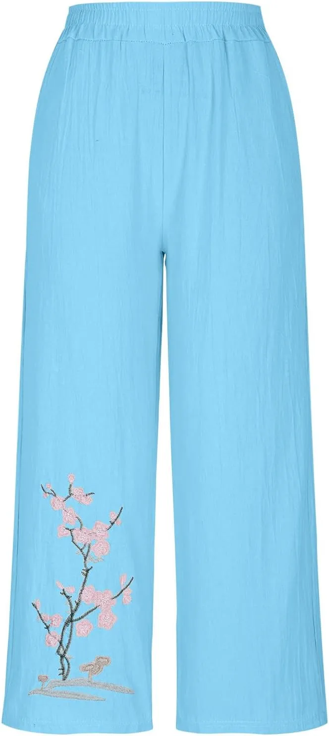 HGps8w Women's Summer Retro Embroidered Cotton Linen Palazzo Pants Wide Leg Elastic High Waisted Loose Lounge Trousers
