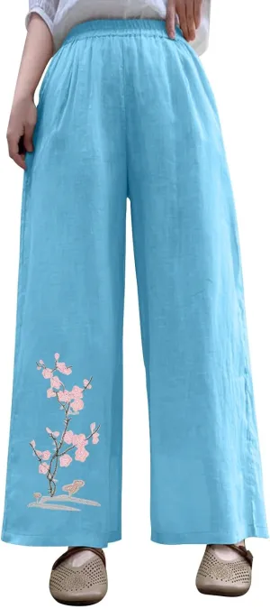 HGps8w Women's Summer Retro Embroidered Cotton Linen Palazzo Pants Wide Leg Elastic High Waisted Loose Lounge Trousers