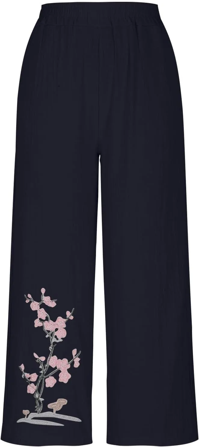 HGps8w Women's Summer Retro Embroidered Cotton Linen Palazzo Pants Wide Leg Elastic High Waisted Loose Lounge Trousers