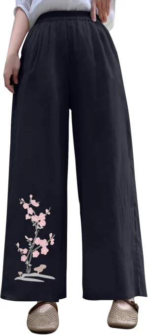 HGps8w Women's Summer Retro Embroidered Cotton Linen Palazzo Pants Wide Leg Elastic High Waisted Loose Lounge Trousers