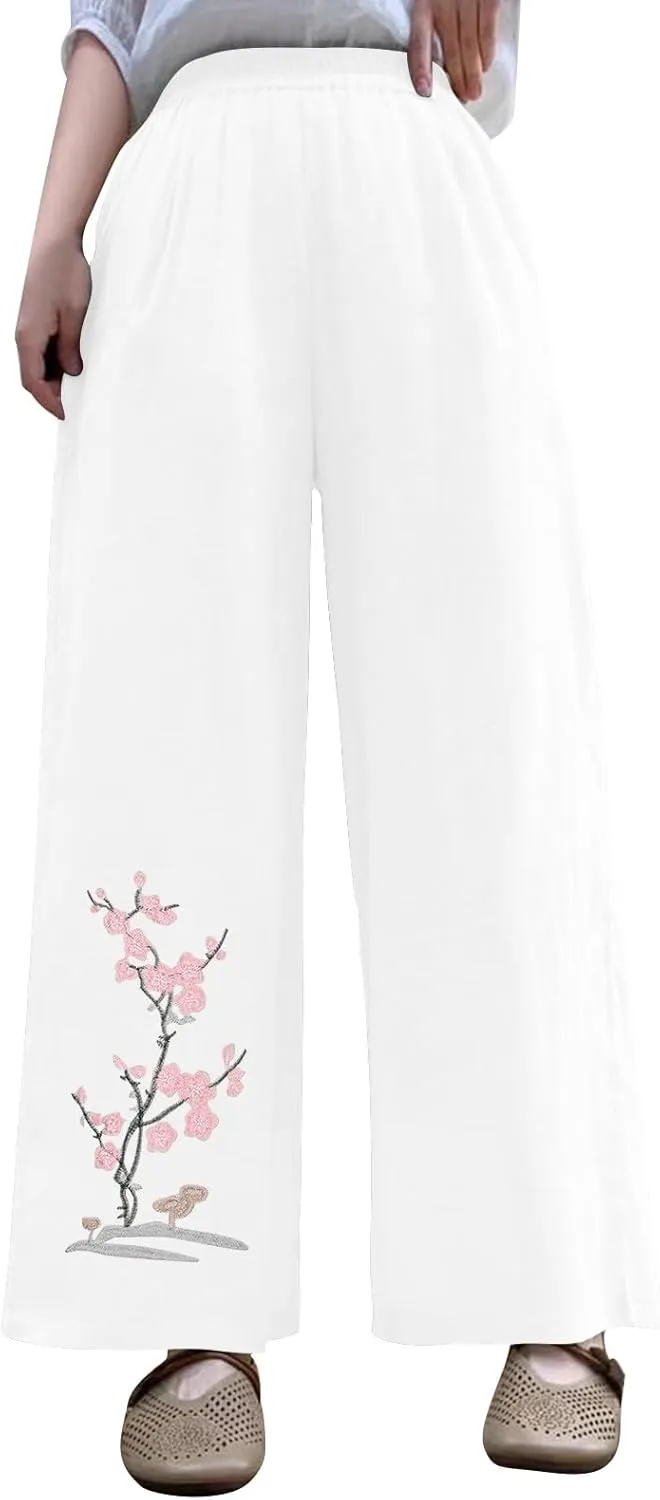 HGps8w Women's Summer Retro Embroidered Cotton Linen Palazzo Pants Wide Leg Elastic High Waisted Loose Lounge Trousers