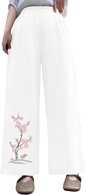 HGps8w Women's Summer Retro Embroidered Cotton Linen Palazzo Pants Wide Leg Elastic High Waisted Loose Lounge Trousers