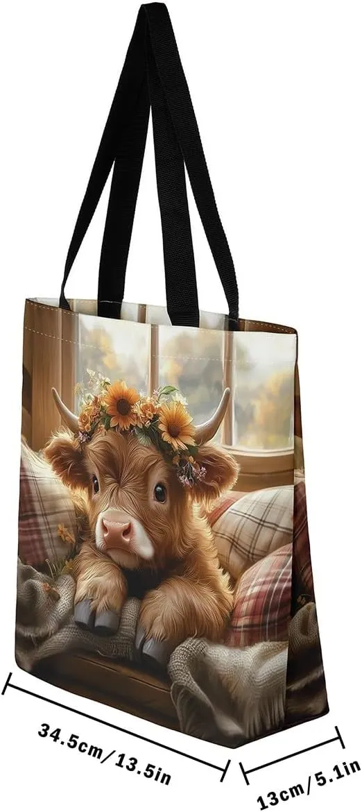 Highland Cattle Canvas Tote Bag,Bohemia Tribal Travel Beach Handbags,Jungle Flower Grocery Bags for Shopping Gym