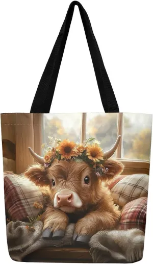 Highland Cattle Canvas Tote Bag,Bohemia Tribal Travel Beach Handbags,Jungle Flower Grocery Bags for Shopping Gym