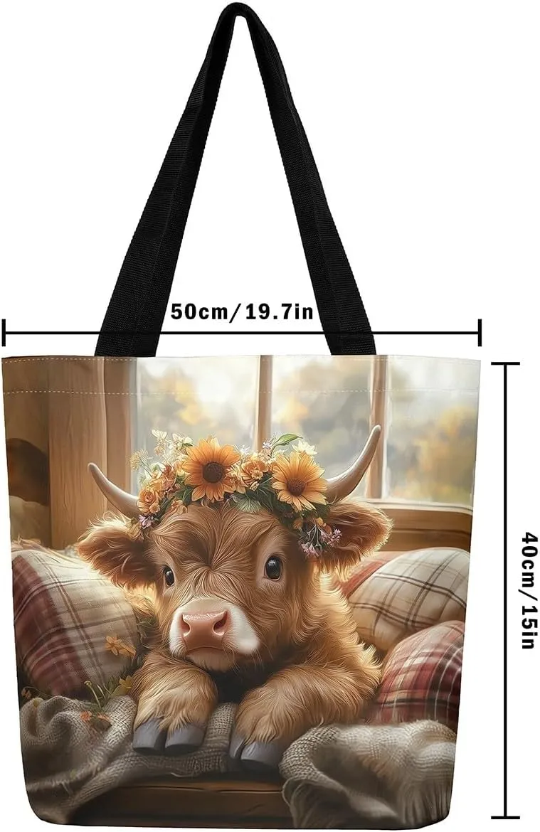 Highland Cattle Canvas Tote Bag,Bohemia Tribal Travel Beach Handbags,Jungle Flower Grocery Bags for Shopping Gym