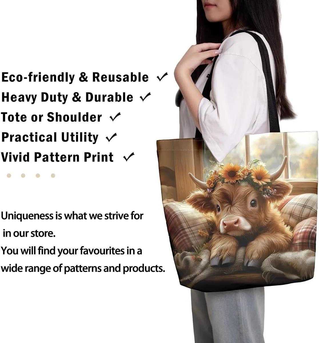 Highland Cattle Canvas Tote Bag,Bohemia Tribal Travel Beach Handbags,Jungle Flower Grocery Bags for Shopping Gym