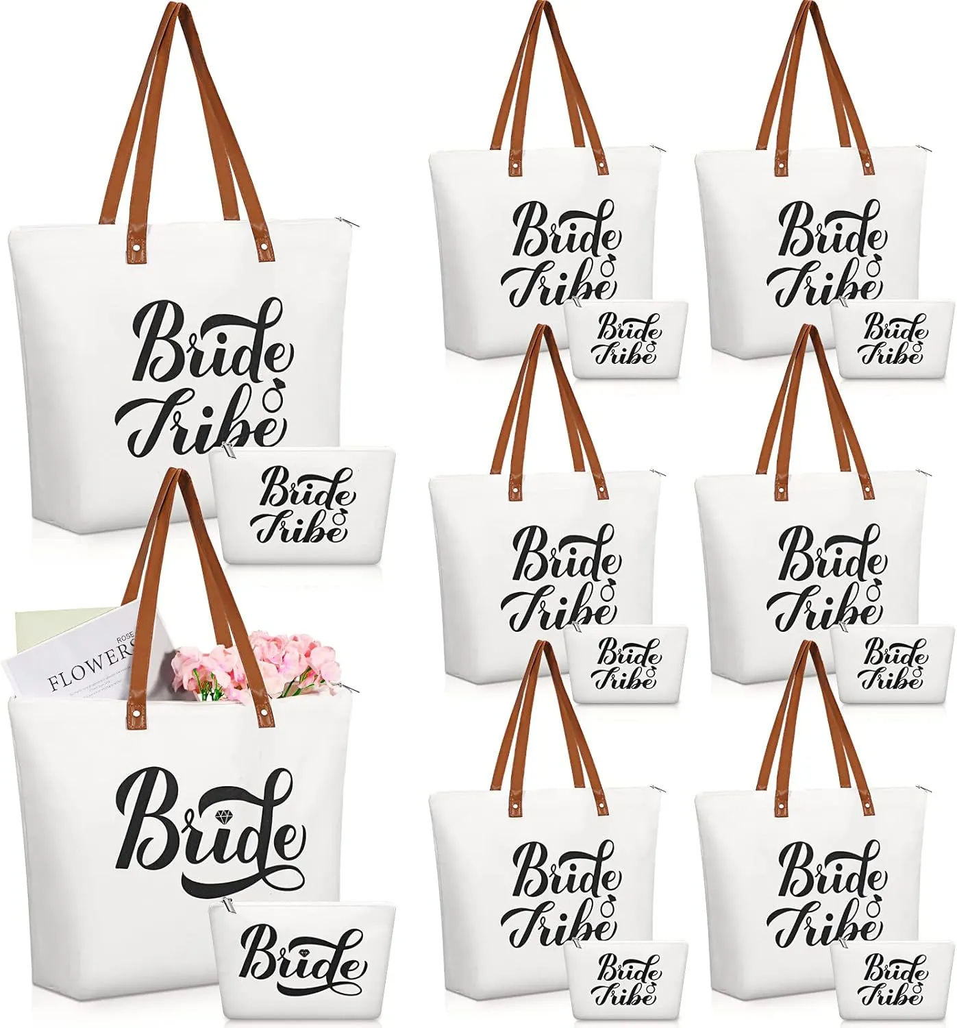 Hillban 14 Pcs Bridesmaid Canvas Bride Tote Bag and Makeup Bag Large Wedding Bachelorette Gifts Bridal Shower Gifts(Classic Style)