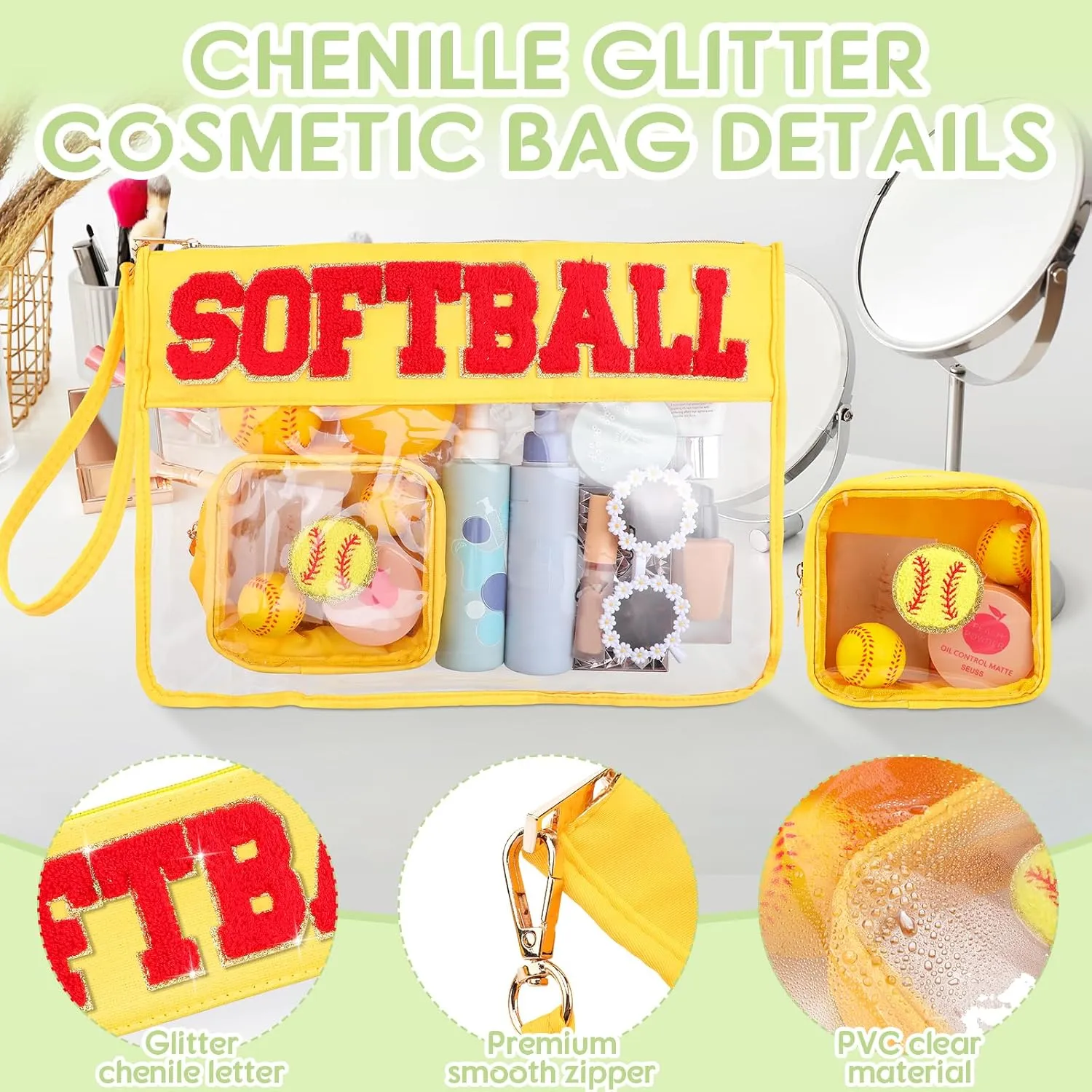 Hillban 2 Pcs Softball Team Gifts Makeup Cosmetic Bags Snack Goodie Bags Clear Toiletry Zipper Pouch Chenille Letter Travel Purse Softball Accessories for women Stuff Sport Party Storage case
