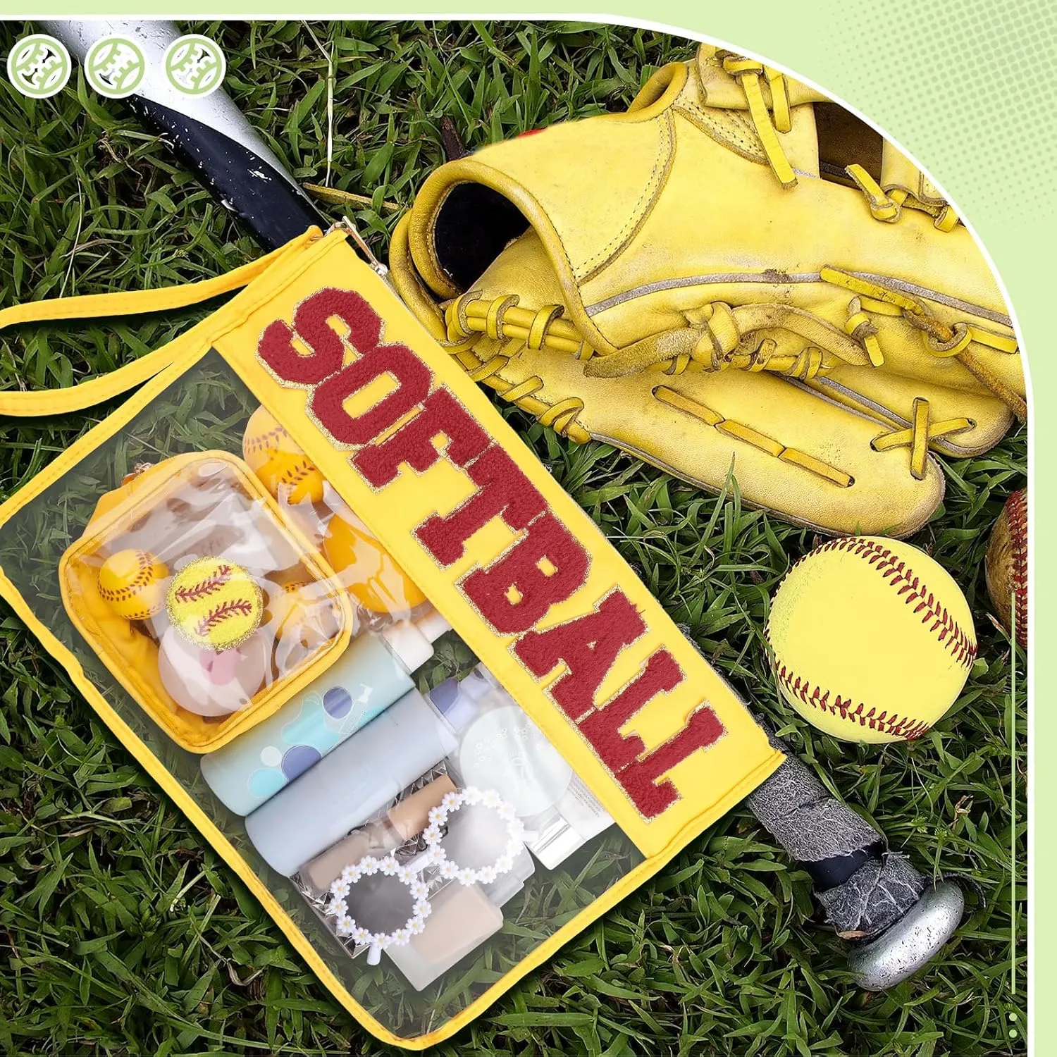 Hillban 2 Pcs Softball Team Gifts Makeup Cosmetic Bags Snack Goodie Bags Clear Toiletry Zipper Pouch Chenille Letter Travel Purse Softball Accessories for women Stuff Sport Party Storage case