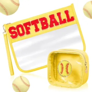 Hillban 2 Pcs Softball Team Gifts Makeup Cosmetic Bags Snack Goodie Bags Clear Toiletry Zipper Pouch Chenille Letter Travel Purse Softball Accessories for women Stuff Sport Party Storage case