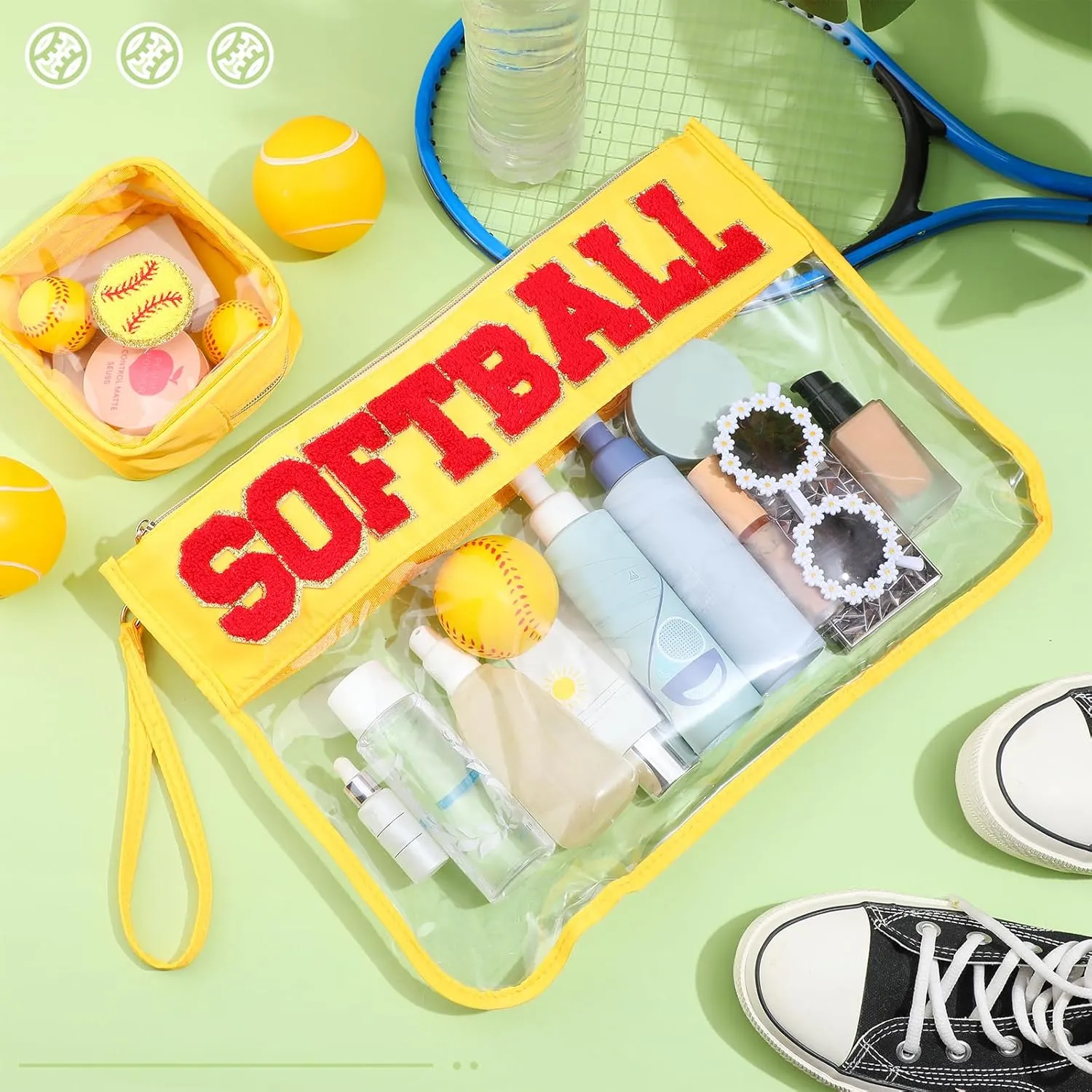 Hillban 2 Pcs Softball Team Gifts Makeup Cosmetic Bags Snack Goodie Bags Clear Toiletry Zipper Pouch Chenille Letter Travel Purse Softball Accessories for women Stuff Sport Party Storage case