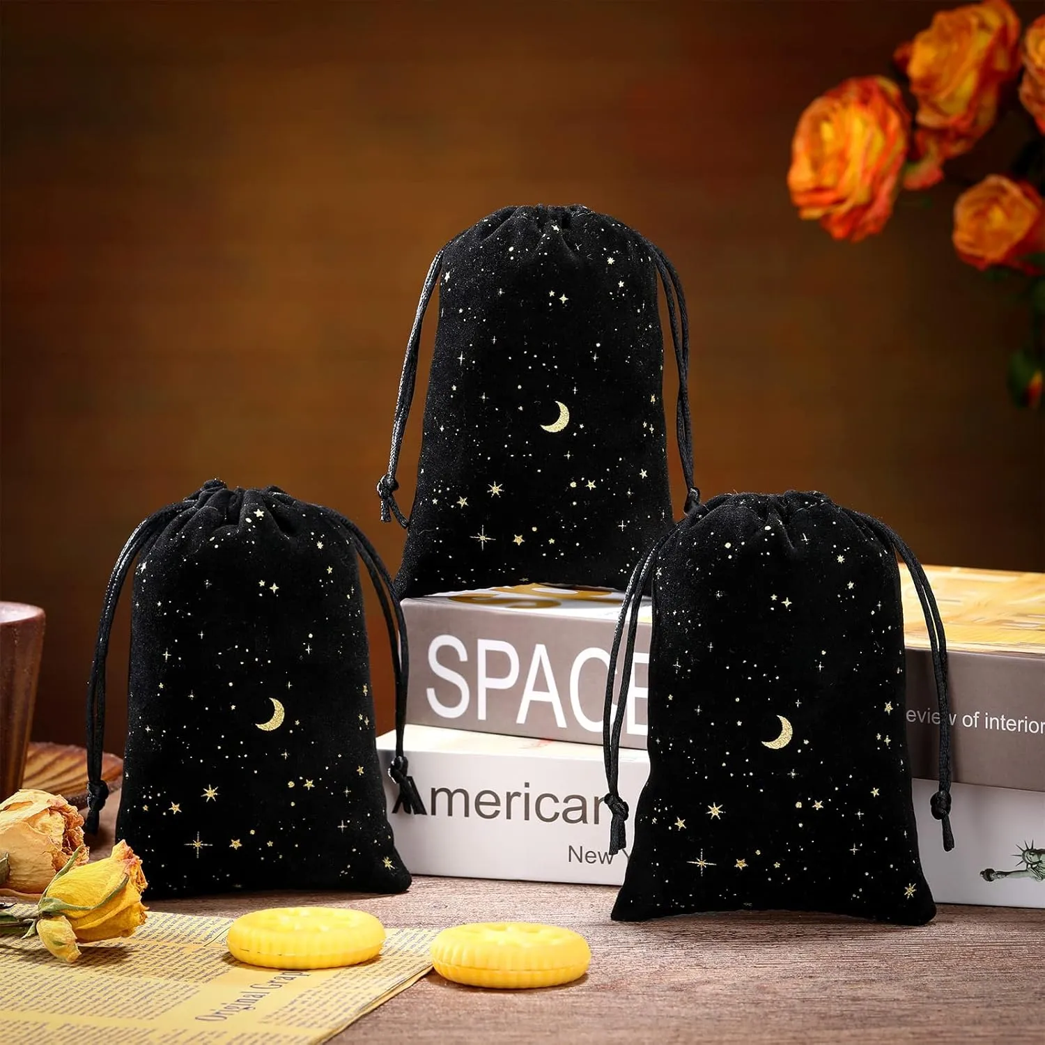 Hillban 30 Pcs 4 x 6 Inch Black Velvet Drawstrings Bags for Jewelry Moon Star Pouch with Drawstrings Ring Bags for Jewelry Gift Packaging Wedding Anniversary Christmas Eid Mubarak