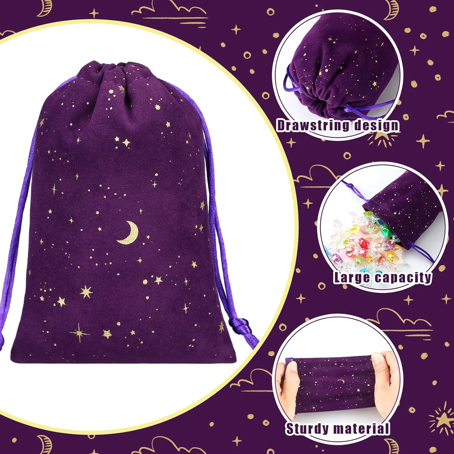 Hillban 30 Pcs 4 x 6 Inch Purple Velvet Drawstrings Bags for Jewelry Moon Star Pouch with Drawstrings Jewelry Bags for Gift Packaging Wedding Anniversary Christmas Eid Mubarak