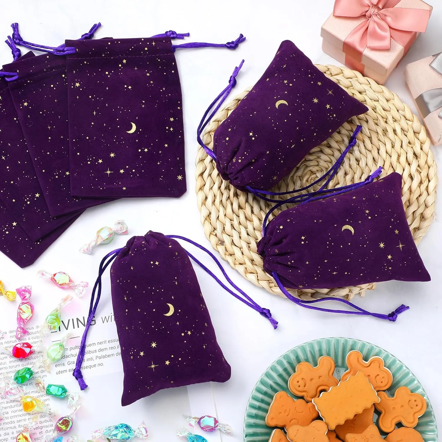 Hillban 30 Pcs 4 x 6 Inch Purple Velvet Drawstrings Bags for Jewelry Moon Star Pouch with Drawstrings Jewelry Bags for Gift Packaging Wedding Anniversary Christmas Eid Mubarak
