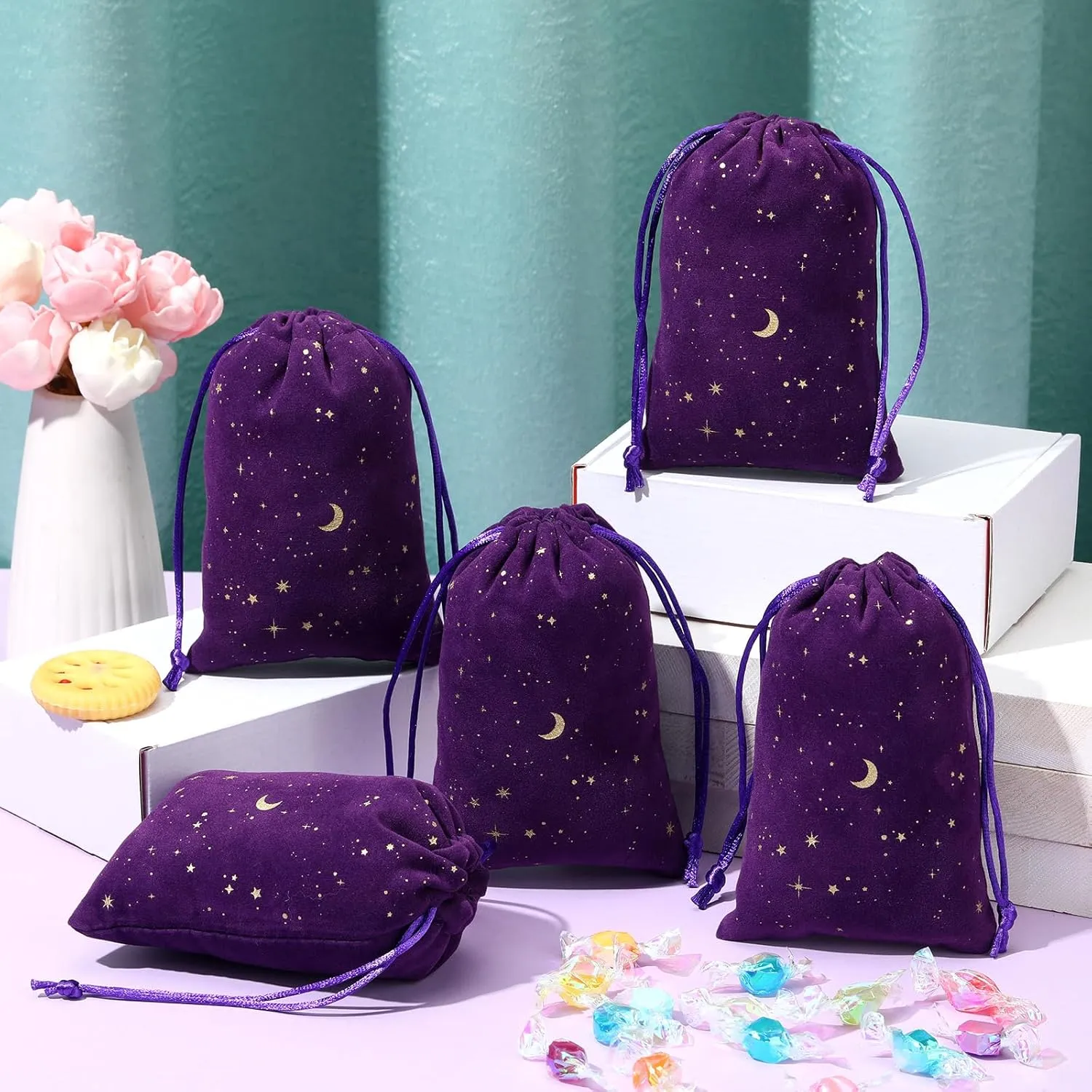 Hillban 30 Pcs 4 x 6 Inch Purple Velvet Drawstrings Bags for Jewelry Moon Star Pouch with Drawstrings Jewelry Bags for Gift Packaging Wedding Anniversary Christmas Eid Mubarak