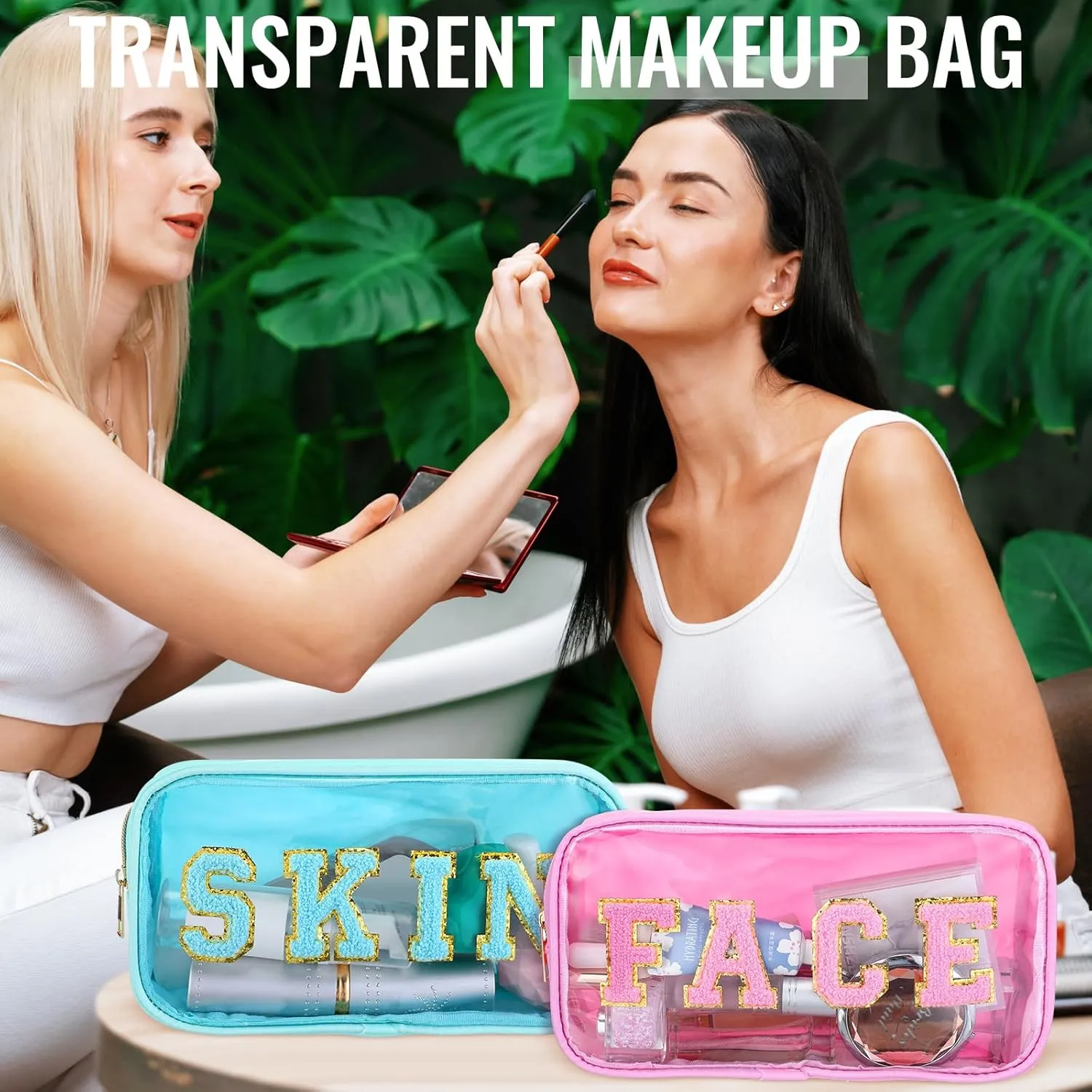 Hillban 4 Pieces Chenille Letter Cosmetic Bag Set Nylon PVC Clear Waterproof Makeup Pouch Stuff Hair Travel Bag Multi Purpose Aesthetics Toiletry Organizer for Women Gym Travel Beach (Light Colors)