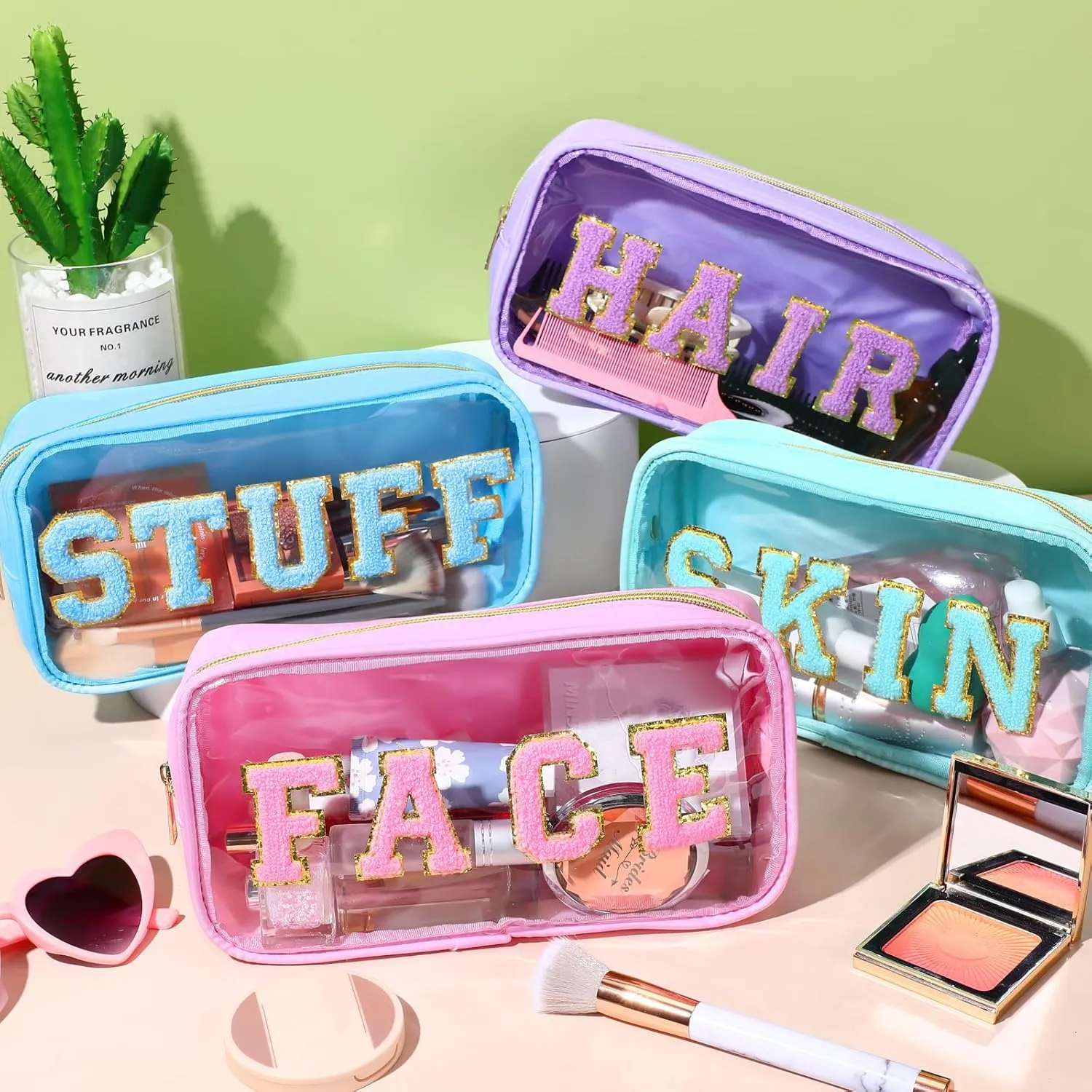Hillban 4 Pieces Chenille Letter Cosmetic Bag Set Nylon PVC Clear Waterproof Makeup Pouch Stuff Hair Travel Bag Multi Purpose Aesthetics Toiletry Organizer for Women Gym Travel Beach (Light Colors)