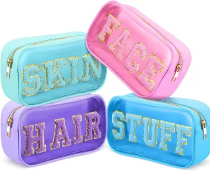 Hillban 4 Pieces Chenille Letter Cosmetic Bag Set Nylon PVC Clear Waterproof Makeup Pouch Stuff Hair Travel Bag Multi Purpose Aesthetics Toiletry Organizer for Women Gym Travel Beach (Light Colors)