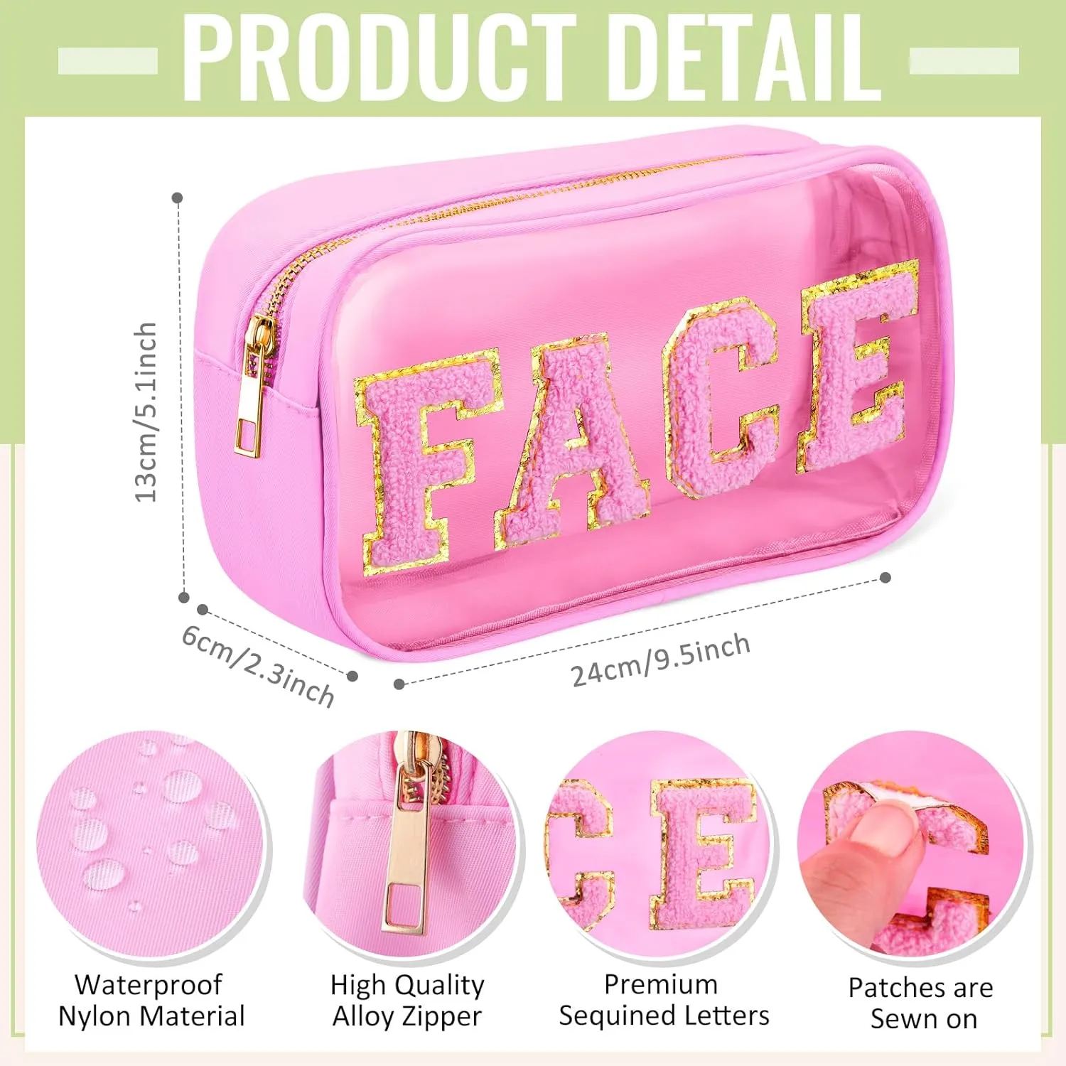 Hillban 4 Pieces Chenille Letter Cosmetic Bag Set Nylon PVC Clear Waterproof Makeup Pouch Stuff Hair Travel Bag Multi Purpose Aesthetics Toiletry Organizer for Women Gym Travel Beach (Light Colors)