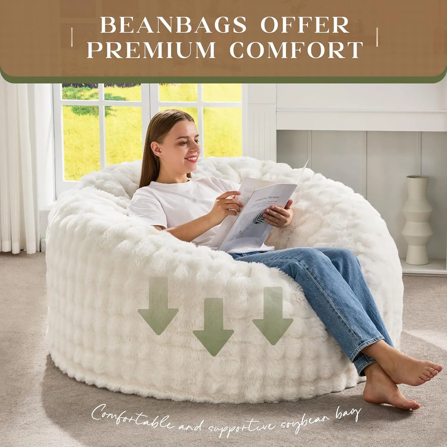 Hobestluk Bean Bag Chairs Beanbag Chair with Filler Adult Bean Bags with Fluffy & Machine Washable Cover, Giant Bean Bag Chairs for Aduts (White, 3FT-36" x 36" x 22")
