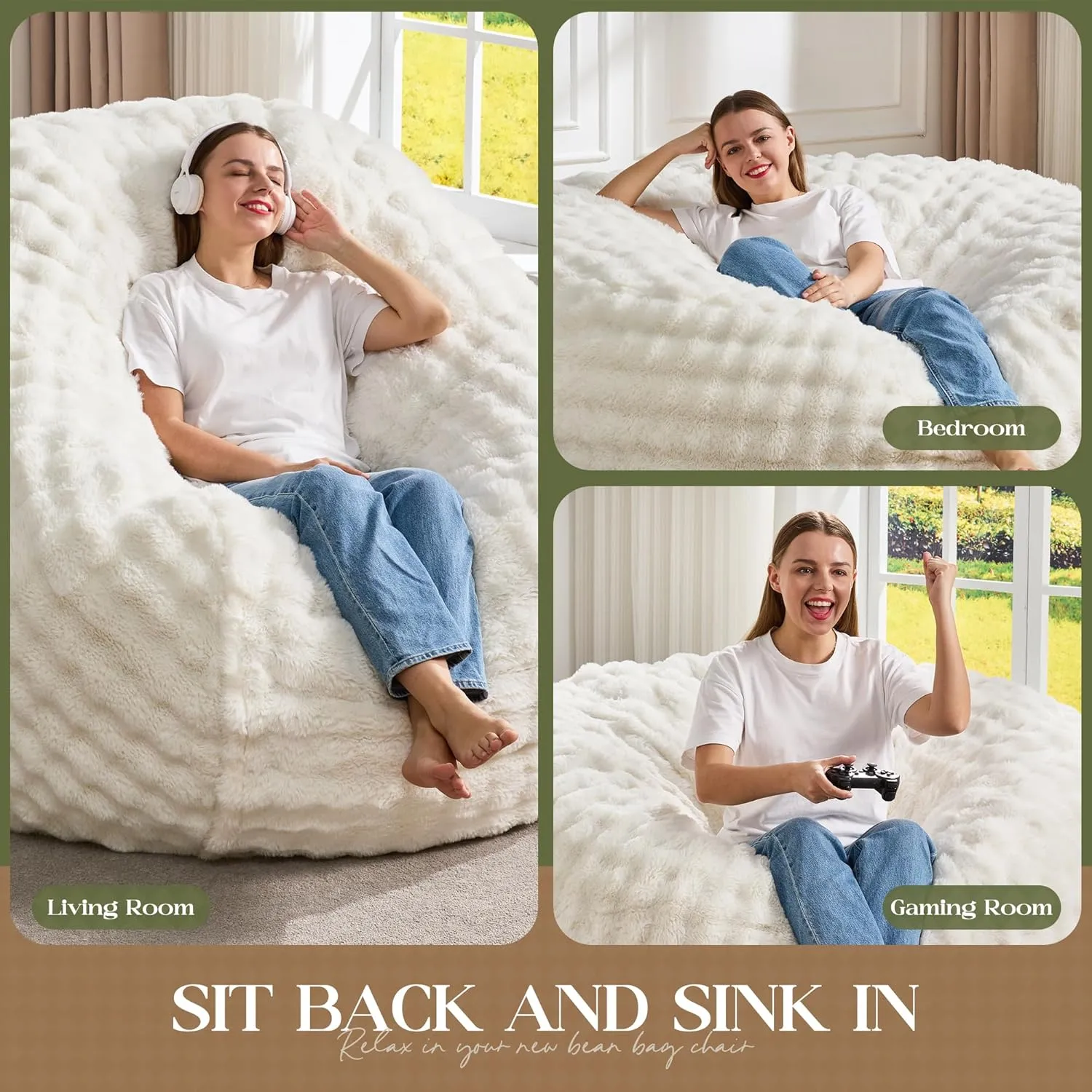 Hobestluk Bean Bag Chairs Beanbag Chair with Filler Adult Bean Bags with Fluffy & Machine Washable Cover, Giant Bean Bag Chairs for Aduts (White, 3FT-36" x 36" x 22")