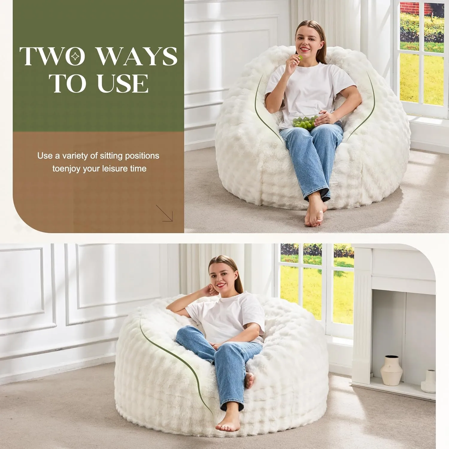Hobestluk Bean Bag Chairs Beanbag Chair with Filler Adult Bean Bags with Fluffy & Machine Washable Cover, Giant Bean Bag Chairs for Aduts (White, 3FT-36" x 36" x 22")