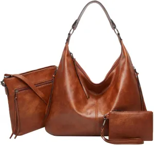 Hobo Bags for Women Soft PU Leather Slouchy Bag Shoulder Purse with Zipper 3 In 1 Large Capacity Shopping Tote Leisure Messenger Bags PU Leather Purses and Handbags Shoulder Bag Z-Brown
