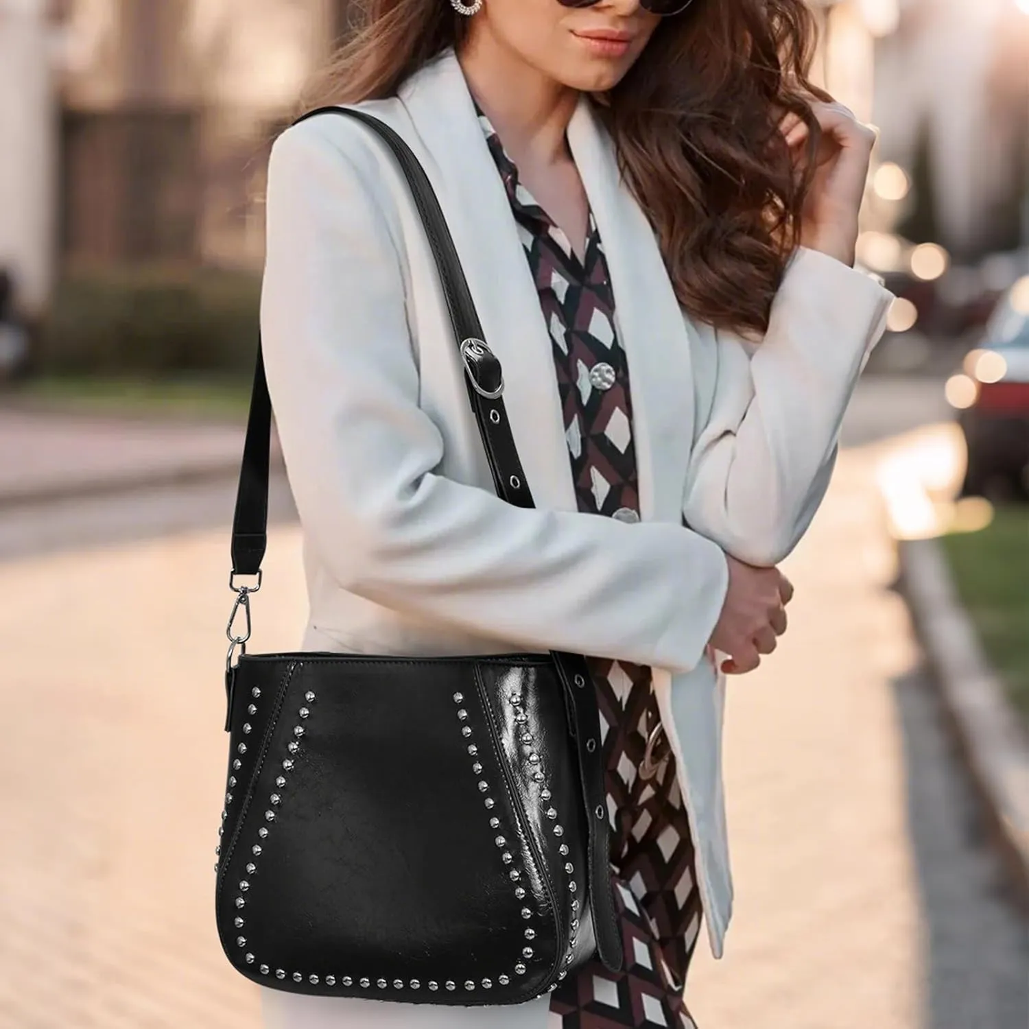 Hobo Bags for Women Studded Shoulder Crossbody Bag Faux Leather Bucket Bag Purse Black Hobo Purse and Handbag
