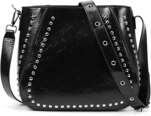 Hobo Bags for Women Studded Shoulder Crossbody Bag Faux Leather Bucket Bag Purse Black Hobo Purse and Handbag