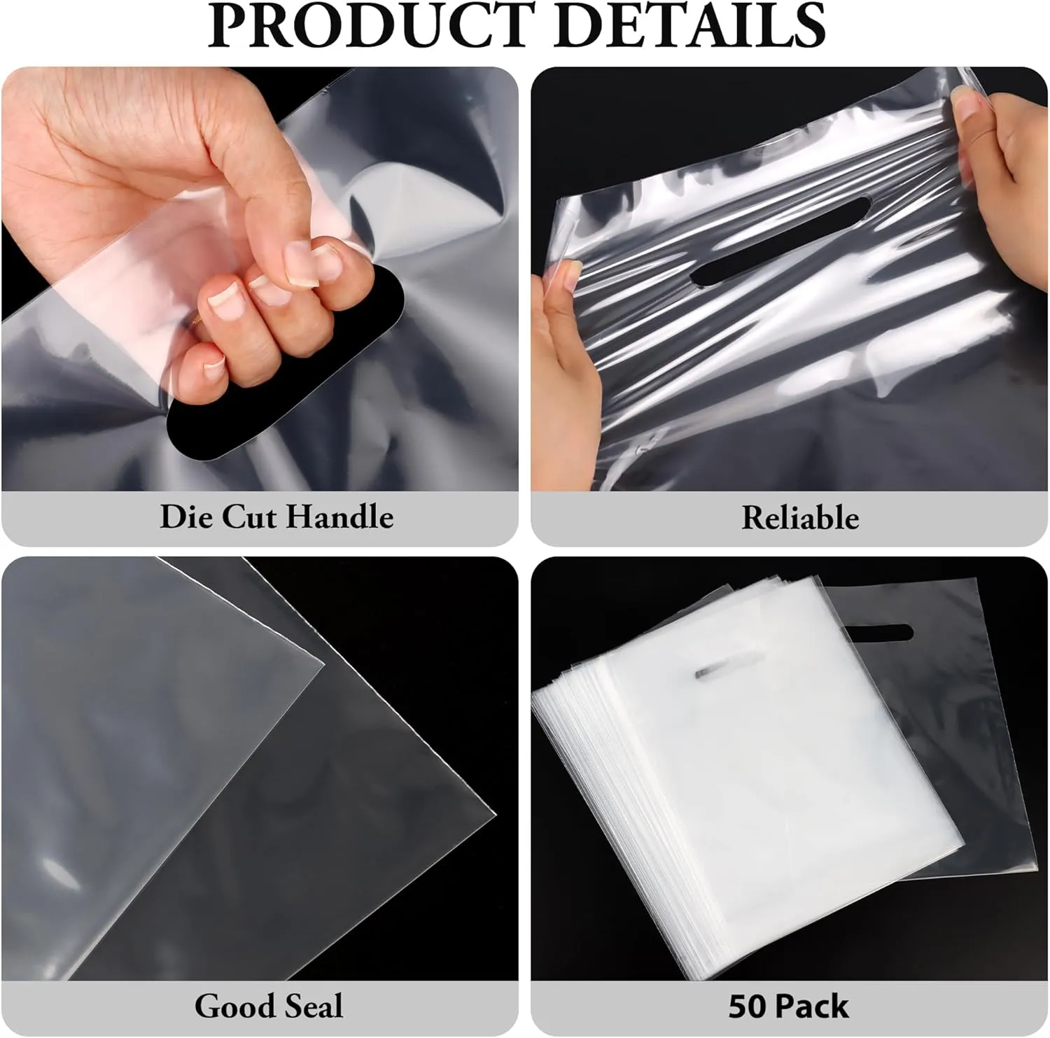 HOIIOH 50 Pack Clear Plastic Bags with Die-Cut Handles 15x18 Inch - 1.75 Mil Thick LDPE Retail Merchandise Bags | Reusable Shopping & Gift Bags for Clothing Store, Boutique, Trade Show, Party Favors