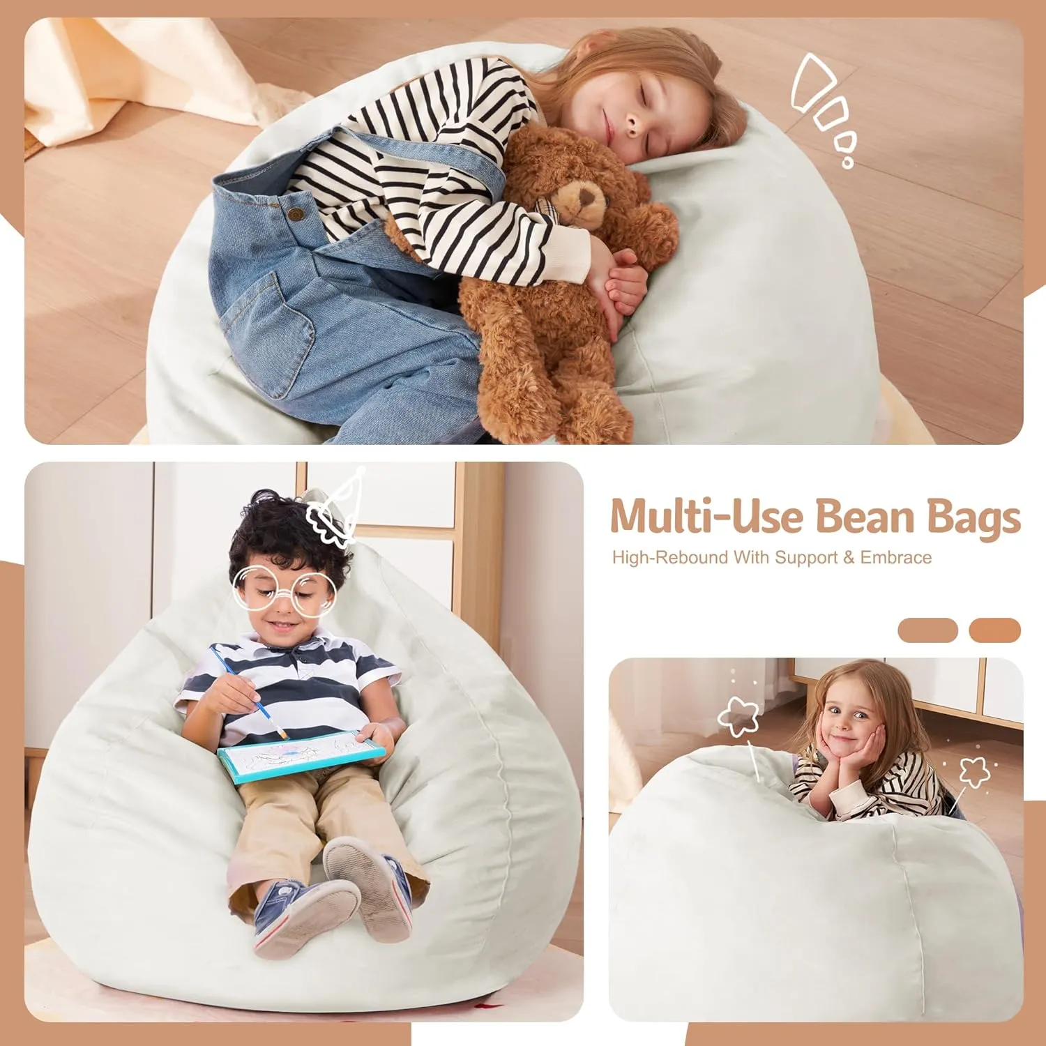 Homguava 2.5FT Bean Bag Chair: 2.5' Bean Bags with Memory Foam Filled,Comfy Beanbag Chairs Round Bean Bag Sofa with Dutch Velvet Cover-Beige