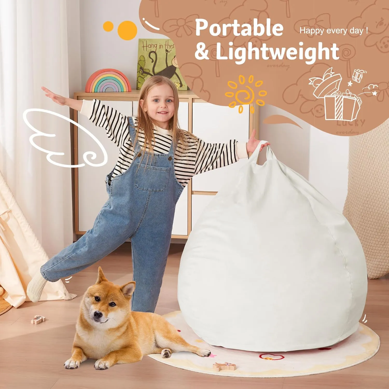 Homguava 2.5FT Bean Bag Chair: 2.5' Bean Bags with Memory Foam Filled,Comfy Beanbag Chairs Round Bean Bag Sofa with Dutch Velvet Cover-Beige