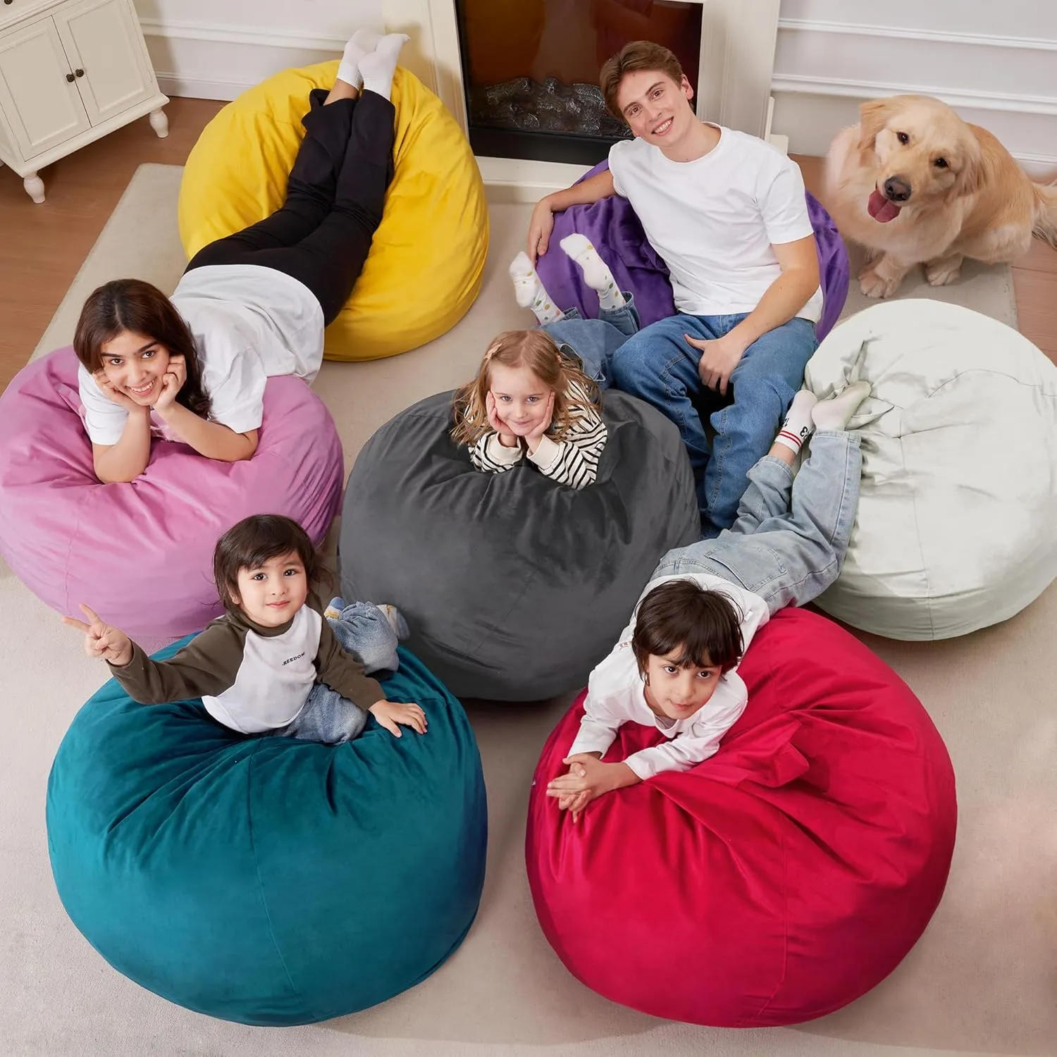 Homguava 2.5FT Bean Bag Chair: 2.5' Bean Bags with Memory Foam Filled,Comfy Beanbag Chairs Round Bean Bag Sofa with Dutch Velvet Cover-Beige