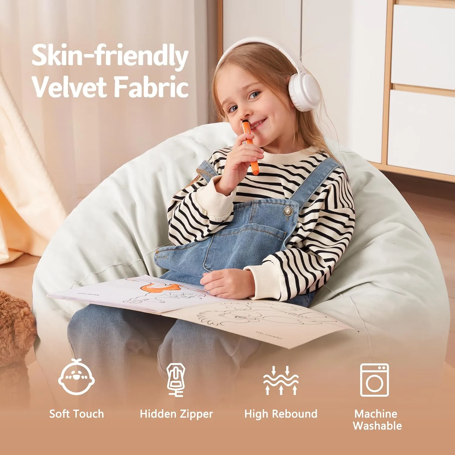 Homguava 2.5FT Bean Bag Chair: 2.5' Bean Bags with Memory Foam Filled,Comfy Beanbag Chairs Round Bean Bag Sofa with Dutch Velvet Cover-Beige