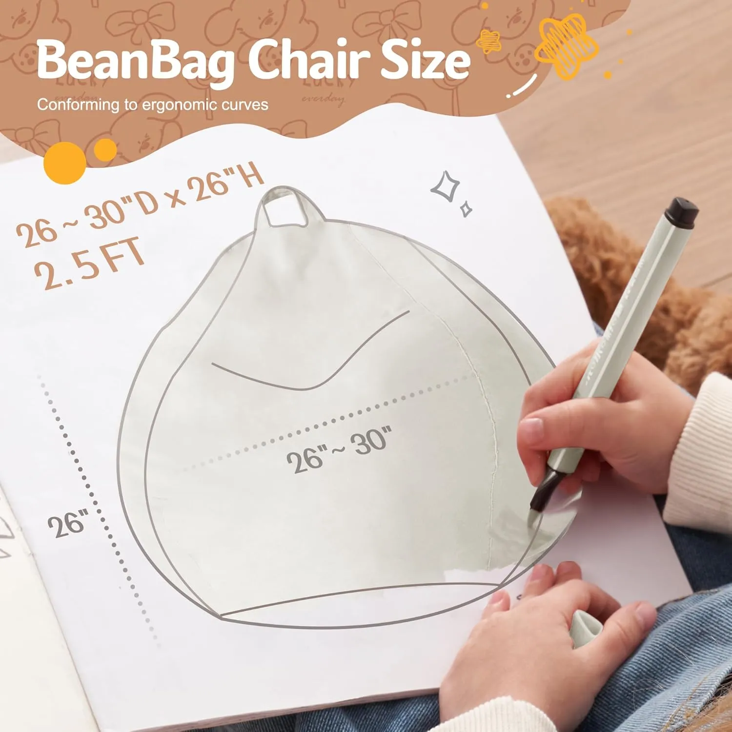 Homguava 2.5FT Bean Bag Chair: 2.5' Bean Bags with Memory Foam Filled,Comfy Beanbag Chairs Round Bean Bag Sofa with Dutch Velvet Cover-Beige