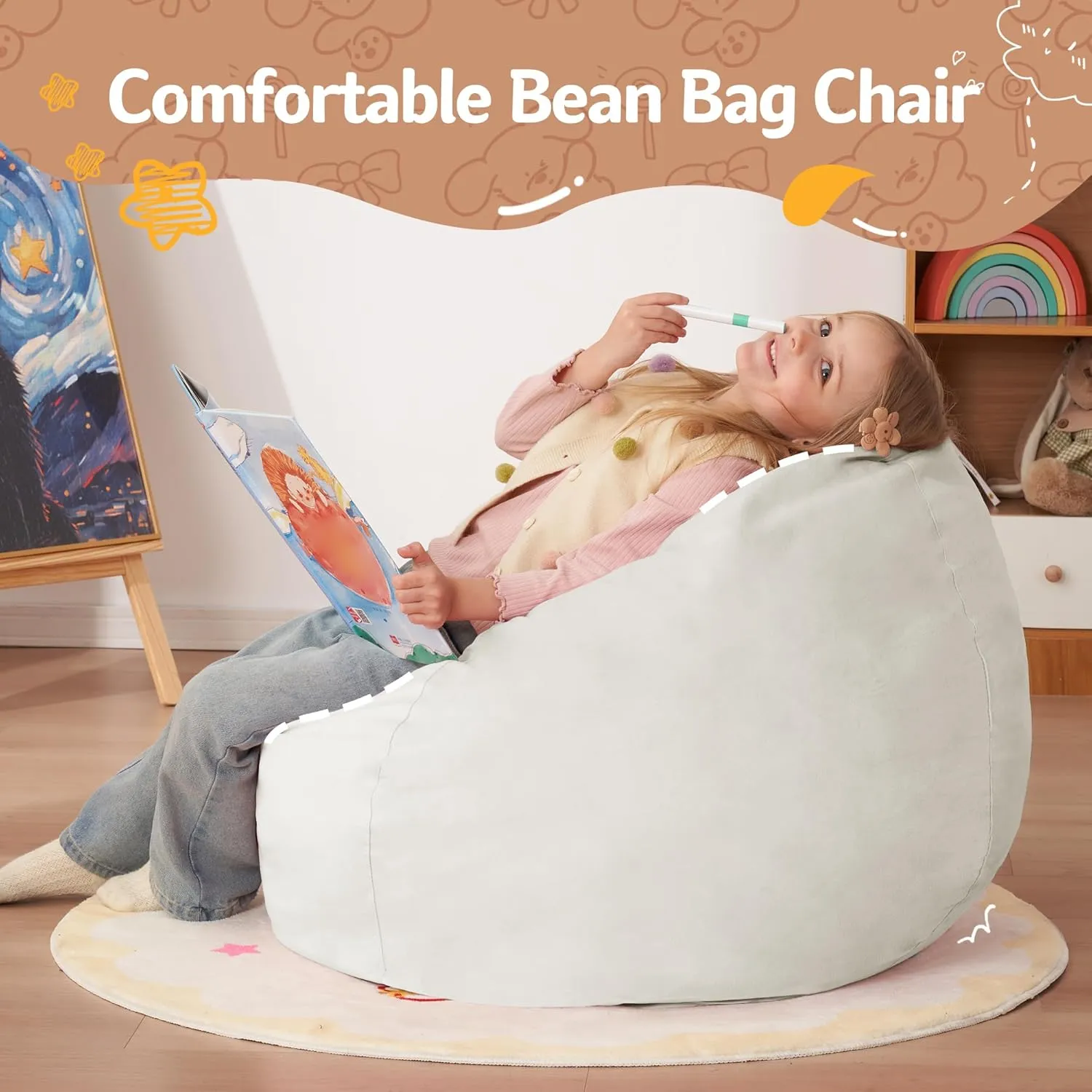 Homguava 2.5FT Bean Bag Chair: 2.5' Bean Bags with Memory Foam Filled,Comfy Beanbag Chairs Round Bean Bag Sofa with Dutch Velvet Cover-Beige
