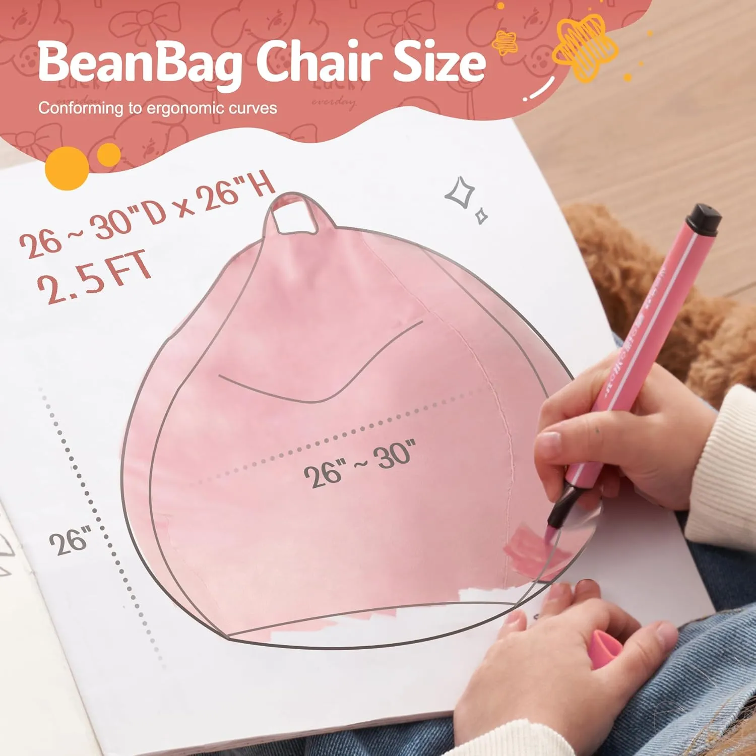 Homguava 2.5FT Bean Bag Chair: 2.5' Bean Bags with Memory Foam Filled,Comfy Beanbag Chairs Round Bean Bag Sofa with Dutch Velvet Cover-Light Pink