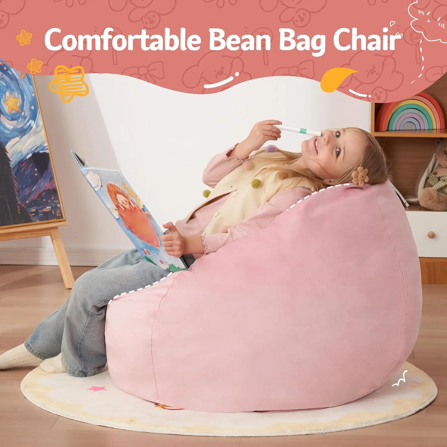 Homguava 2.5FT Bean Bag Chair: 2.5' Bean Bags with Memory Foam Filled,Comfy Beanbag Chairs Round Bean Bag Sofa with Dutch Velvet Cover-Light Pink