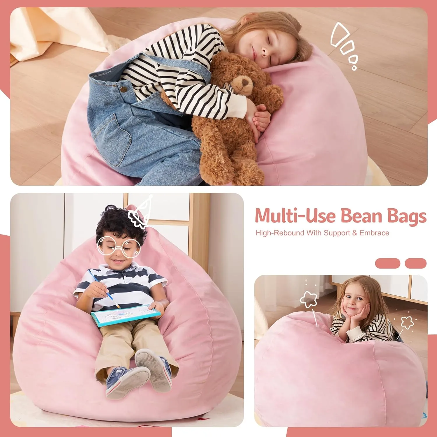 Homguava 2.5FT Bean Bag Chair: 2.5' Bean Bags with Memory Foam Filled,Comfy Beanbag Chairs Round Bean Bag Sofa with Dutch Velvet Cover-Light Pink