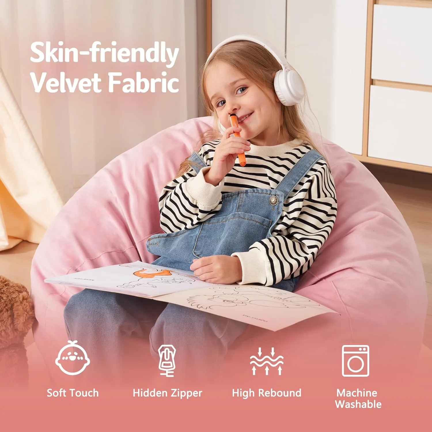 Homguava 2.5FT Bean Bag Chair: 2.5' Bean Bags with Memory Foam Filled,Comfy Beanbag Chairs Round Bean Bag Sofa with Dutch Velvet Cover-Light Pink