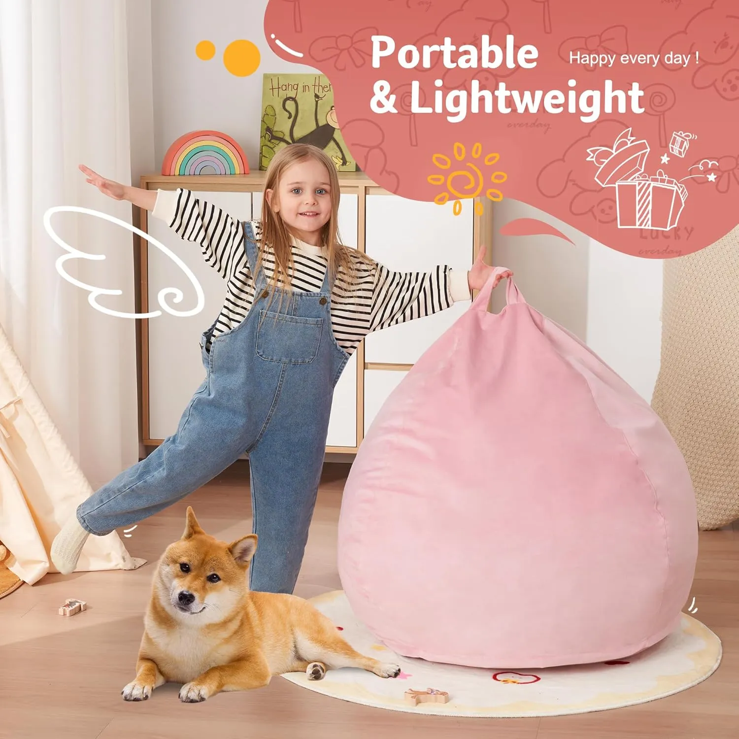 Homguava 2.5FT Bean Bag Chair: 2.5' Bean Bags with Memory Foam Filled,Comfy Beanbag Chairs Round Bean Bag Sofa with Dutch Velvet Cover-Light Pink