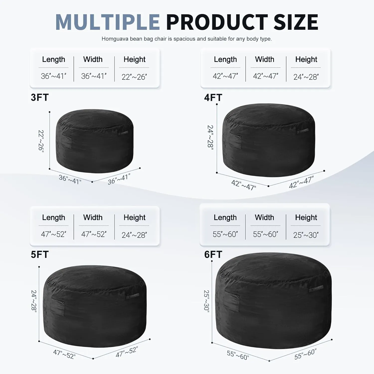 Homguava 3FT Bean Bag Chair: 3' Bean Bags with Memory Foam Filled, Large Beanbag Chairs Soft Sofa with Dutch Velvet Cover-Black