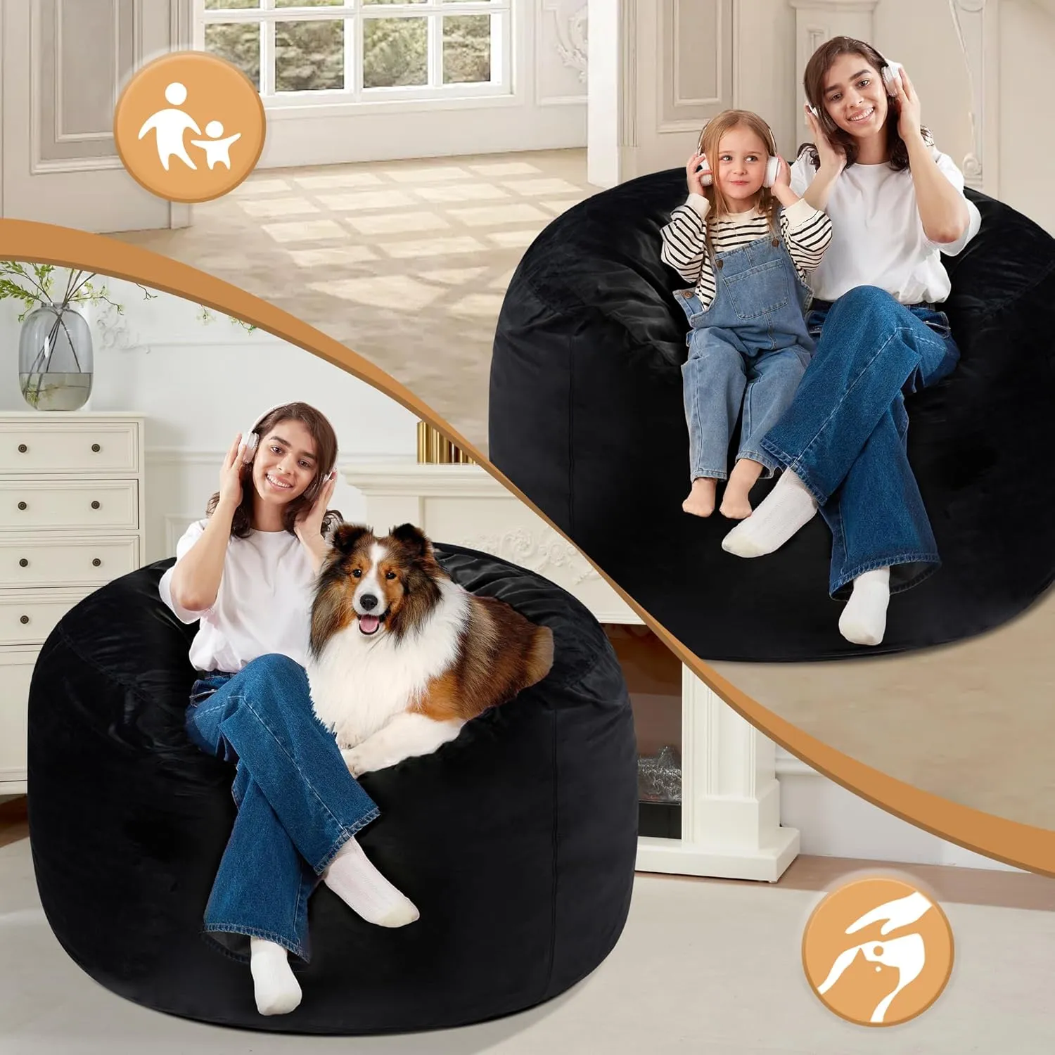 Homguava 3FT Bean Bag Chair: 3' Bean Bags with Memory Foam Filled, Large Beanbag Chairs Soft Sofa with Dutch Velvet Cover-Black