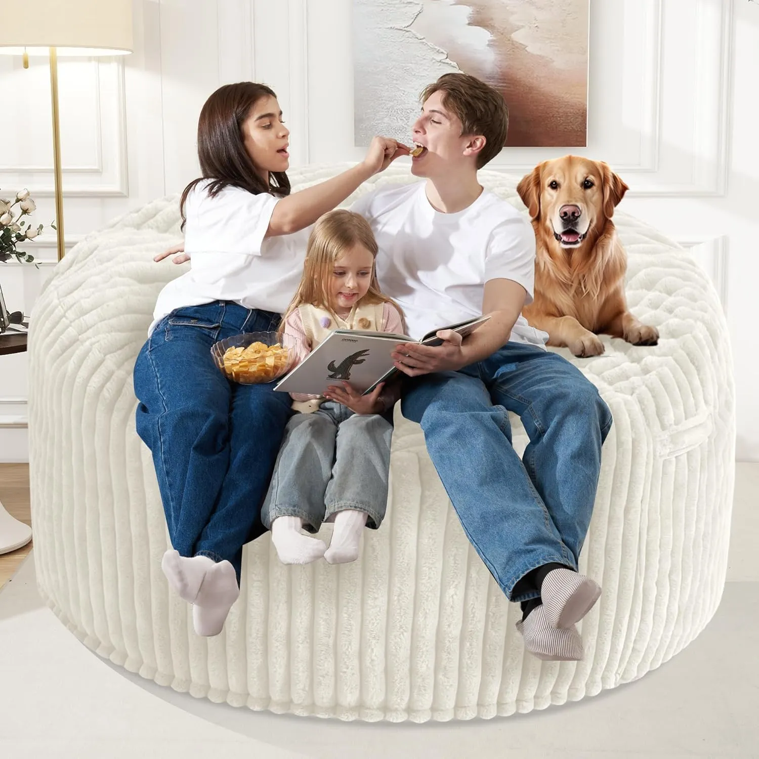 Homguava 6 FT Bean Bag Chair: 6‘ Giant Bean Bags with Memory Foam Filled, Large Beanbag Chairs Soft Sofa with Dutch Corded Plush Cover,White