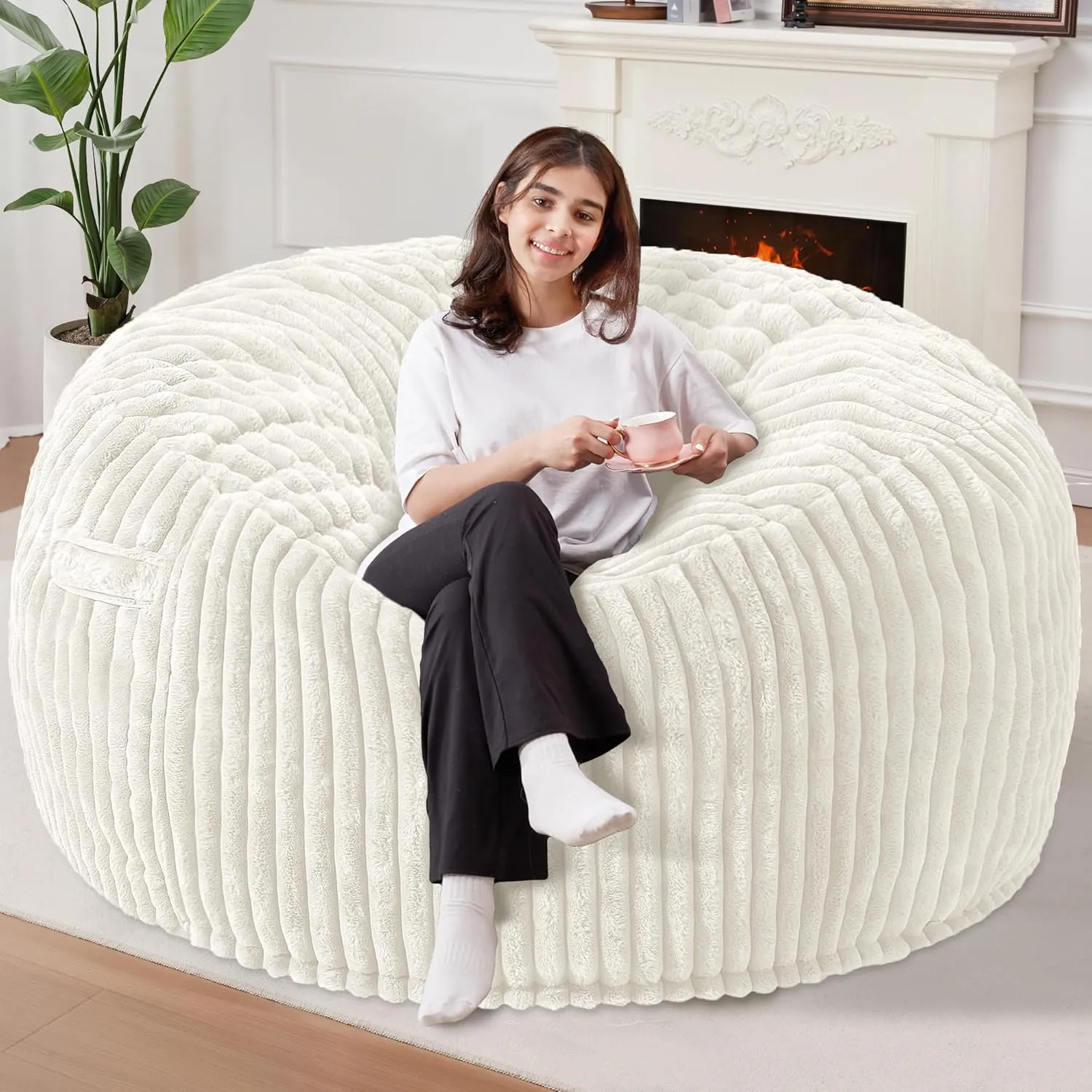 Homguava 6 FT Bean Bag Chair: 6‘ Giant Bean Bags with Memory Foam Filled, Large Beanbag Chairs Soft Sofa with Dutch Corded Plush Cover,White