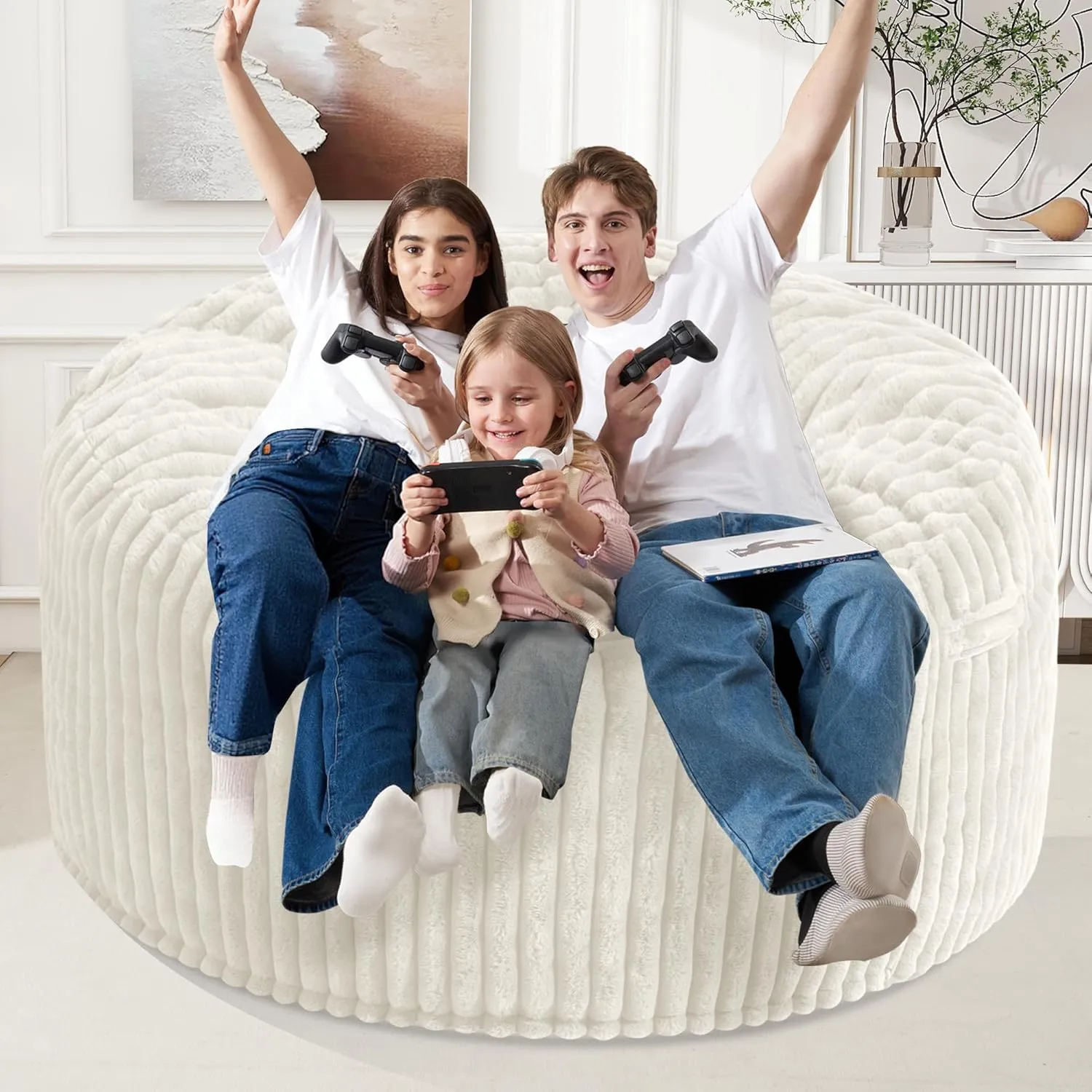 Homguava 6 FT Bean Bag Chair: 6‘ Giant Bean Bags with Memory Foam Filled, Large Beanbag Chairs Soft Sofa with Dutch Corded Plush Cover,White