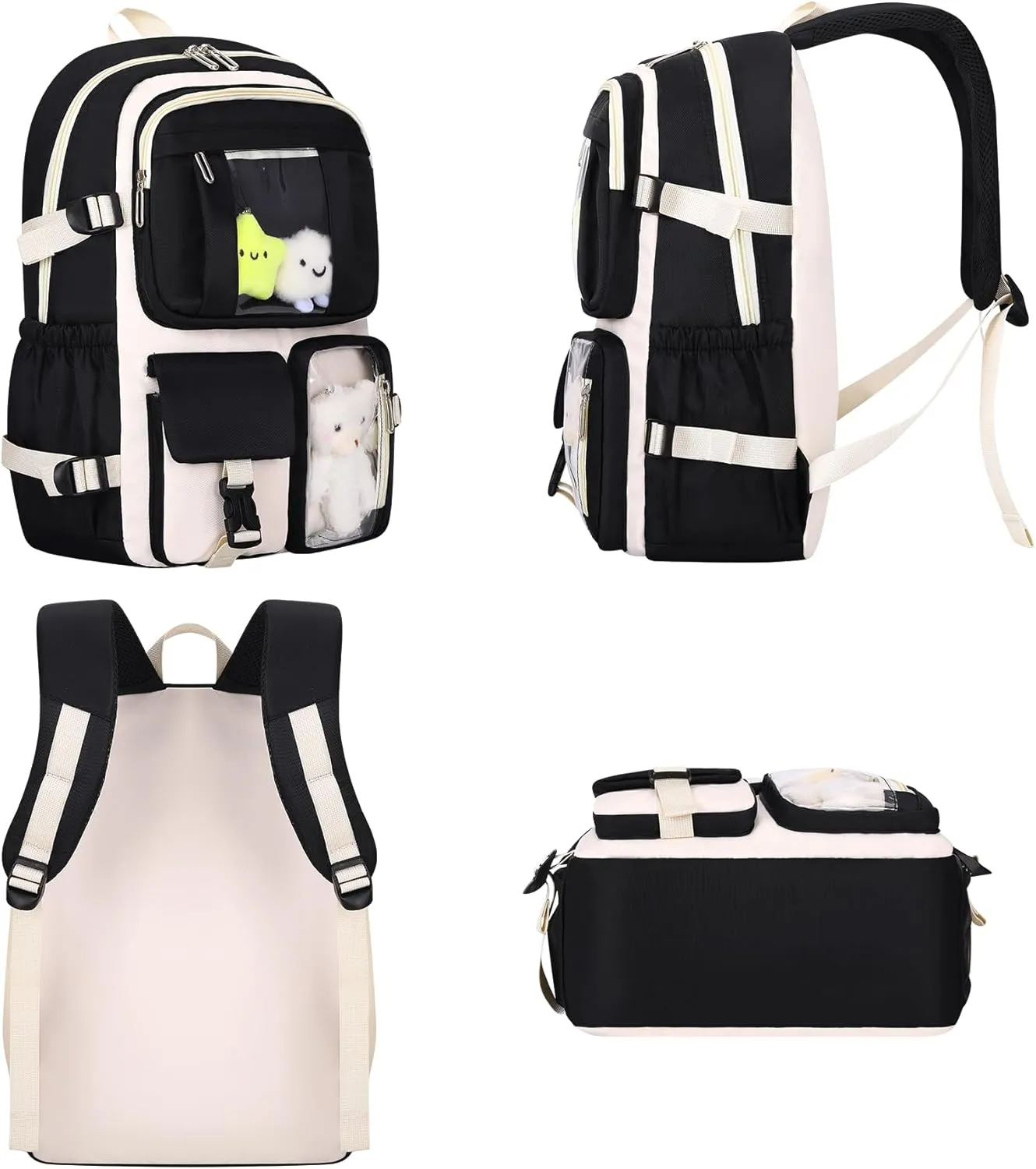 HORHREAR Kawaii Backpack 5Pcs Set for School, Cute Clear Backpack Preppy with Aesthetics Pendant for Girls Boys Primary Bag (Black)